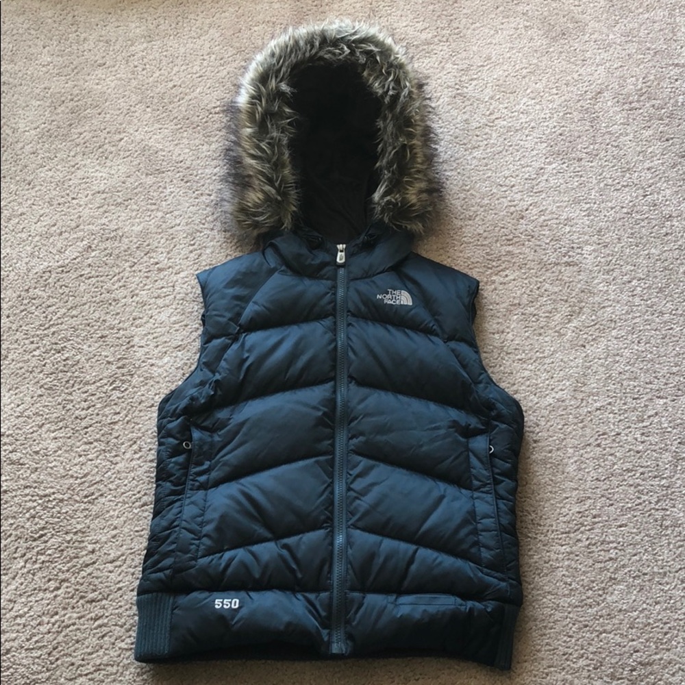 North Fave navy vest with removal faux fur hood